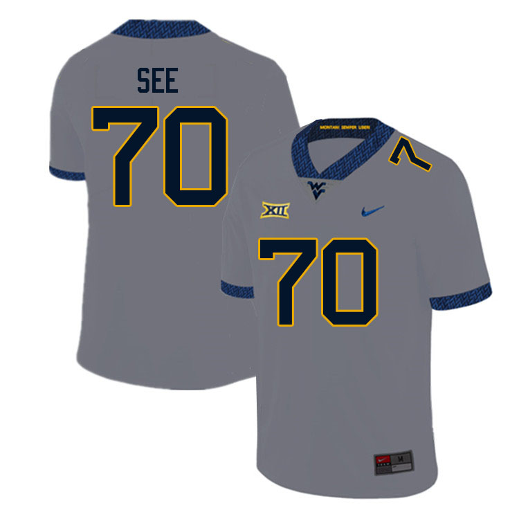 Men #70 Shawn See West Virginia Mountaineers College Football Jerseys Sale-Gray